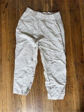 Beige Linen-Blend Tapered Pants